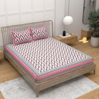 Pink White Ethnic Motifs Cotton King Bedsheet With 2 Zipper Pillow Covers - King Size by House of Ree