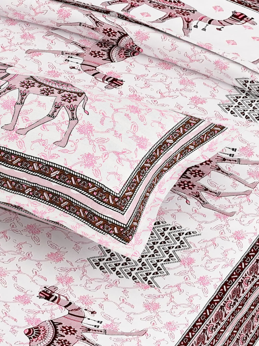 Pink Ethnic Motifs Cotton 200TC King Bedsheet With 2 Zipper Pillow Covers - King Size by House of Ree