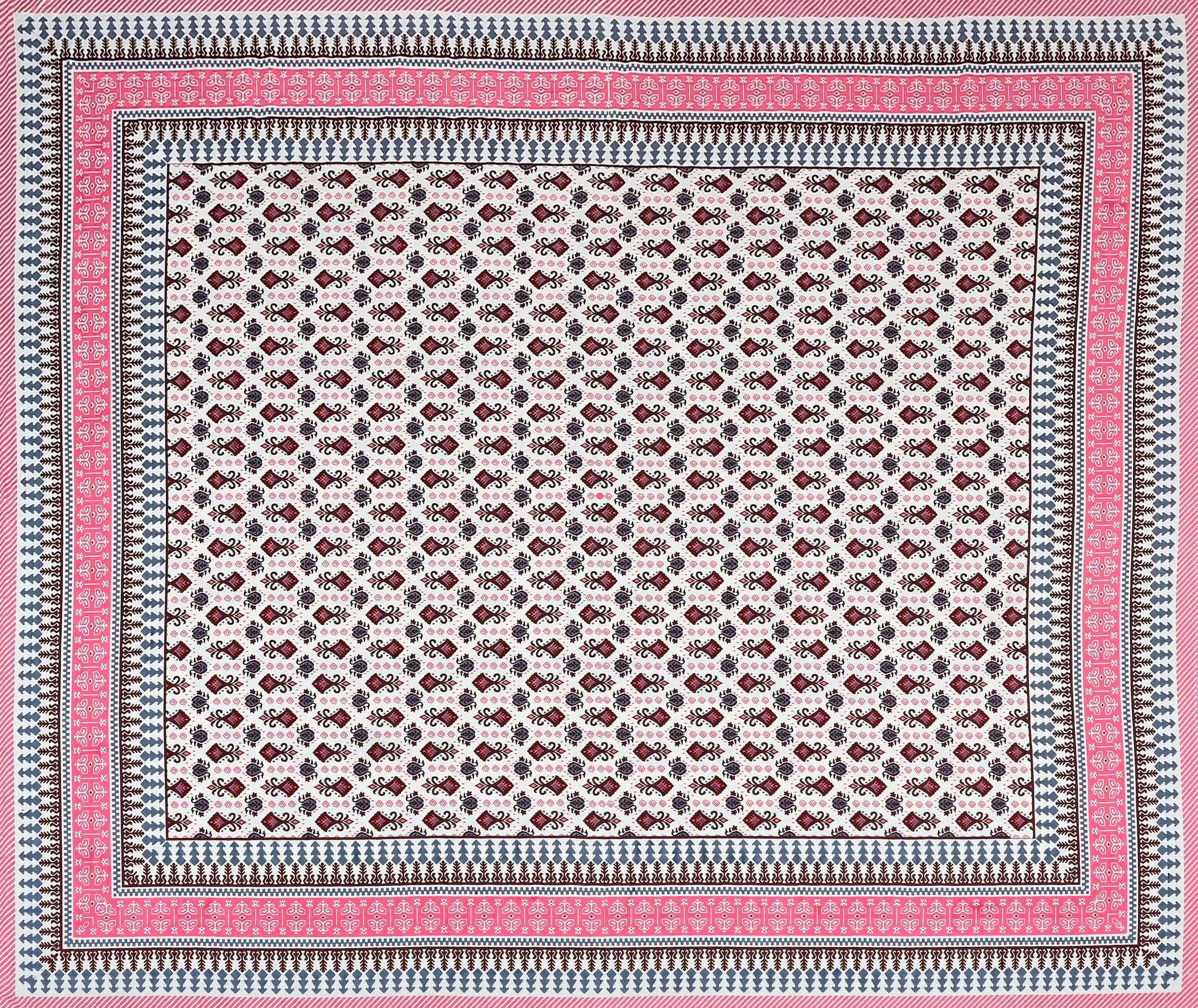 Pink White Ethnic Motifs Cotton King Bedsheet With 2 Zipper Pillow Covers - King Size by House of Ree