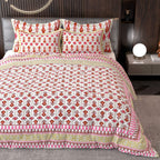 Pink White Ethnic Motifs Cotton 220 TC King Bedsheet With 2 Zipper Pillow Covers - King Size by House of Ree