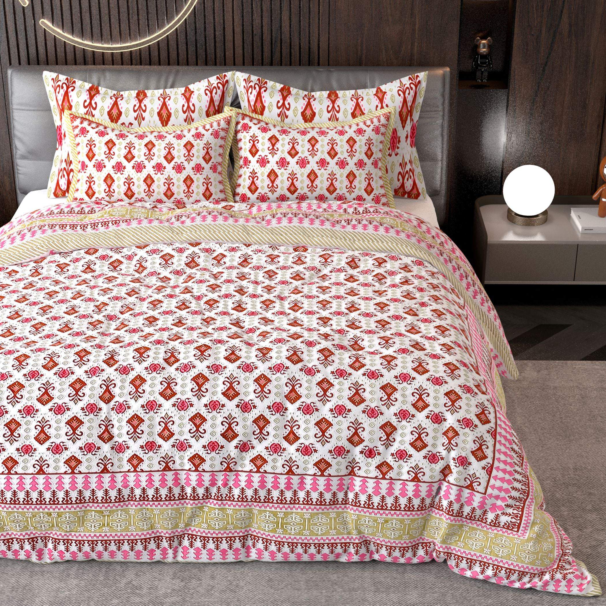 Pink White Ethnic Motifs Cotton 220 TC King Bedsheet With 2 Zipper Pillow Covers - King Size by House of Ree