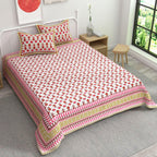 Pink White Ethnic Motifs Cotton 220 TC King Bedsheet With 2 Zipper Pillow Covers - King Size by House of Ree