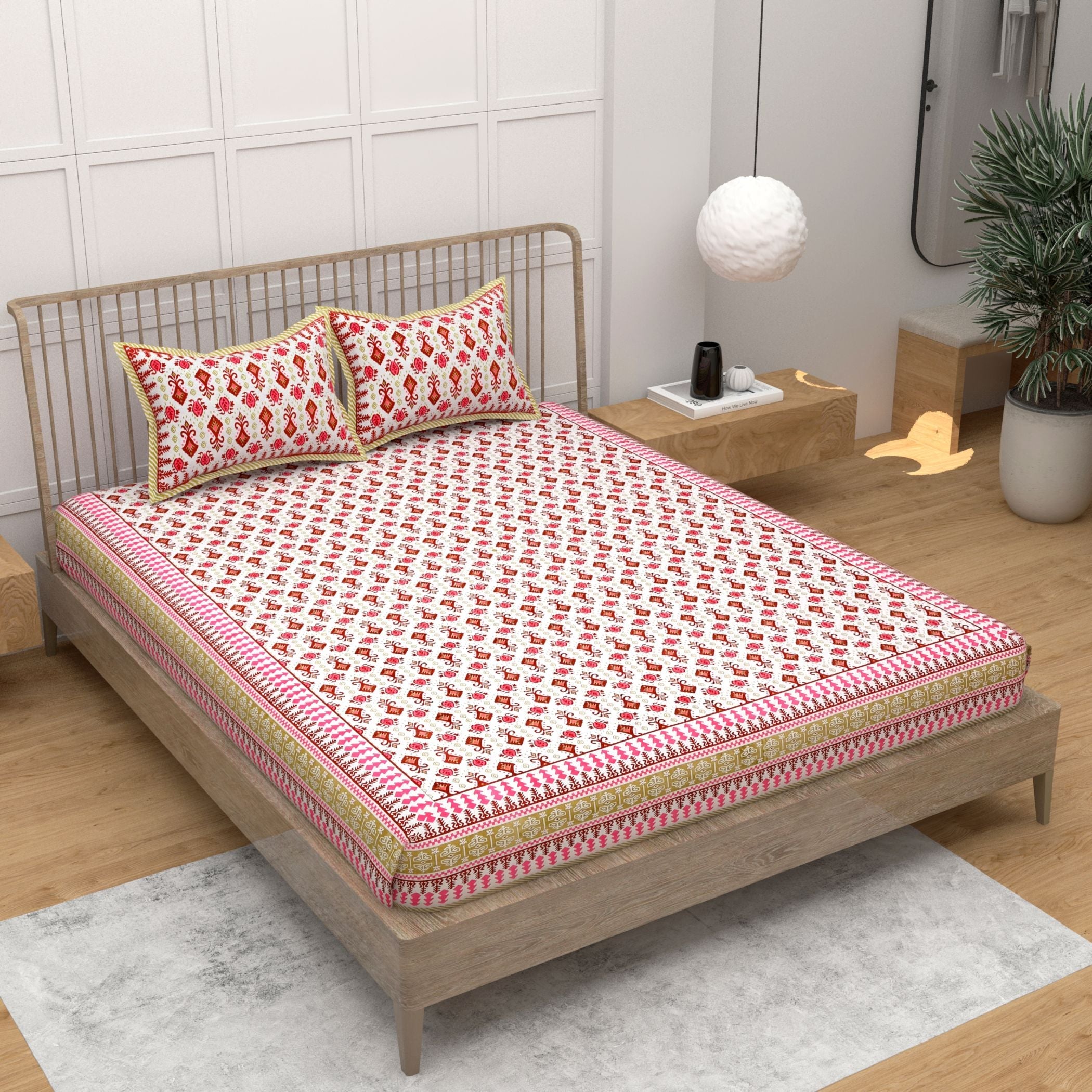 Pink White Ethnic Motifs Cotton 220 TC King Bedsheet With 2 Zipper Pillow Covers - King Size by House of Ree