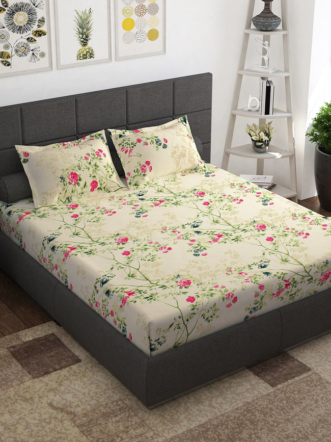 Story@home Ventura Cream & Green Floral 152 TC Cotton Queen Bedsheet with 2 Pillow Covers Hover Image