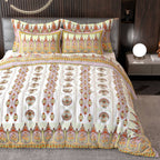 Yellow White Ethnic Motifs Cotton 220 TC King Bedsheet With 2 Zipper Pillow Covers - King Size by House of Ree