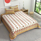 Yellow White Ethnic Motifs Cotton 220 TC King Bedsheet With 2 Zipper Pillow Covers - King Size by House of Ree