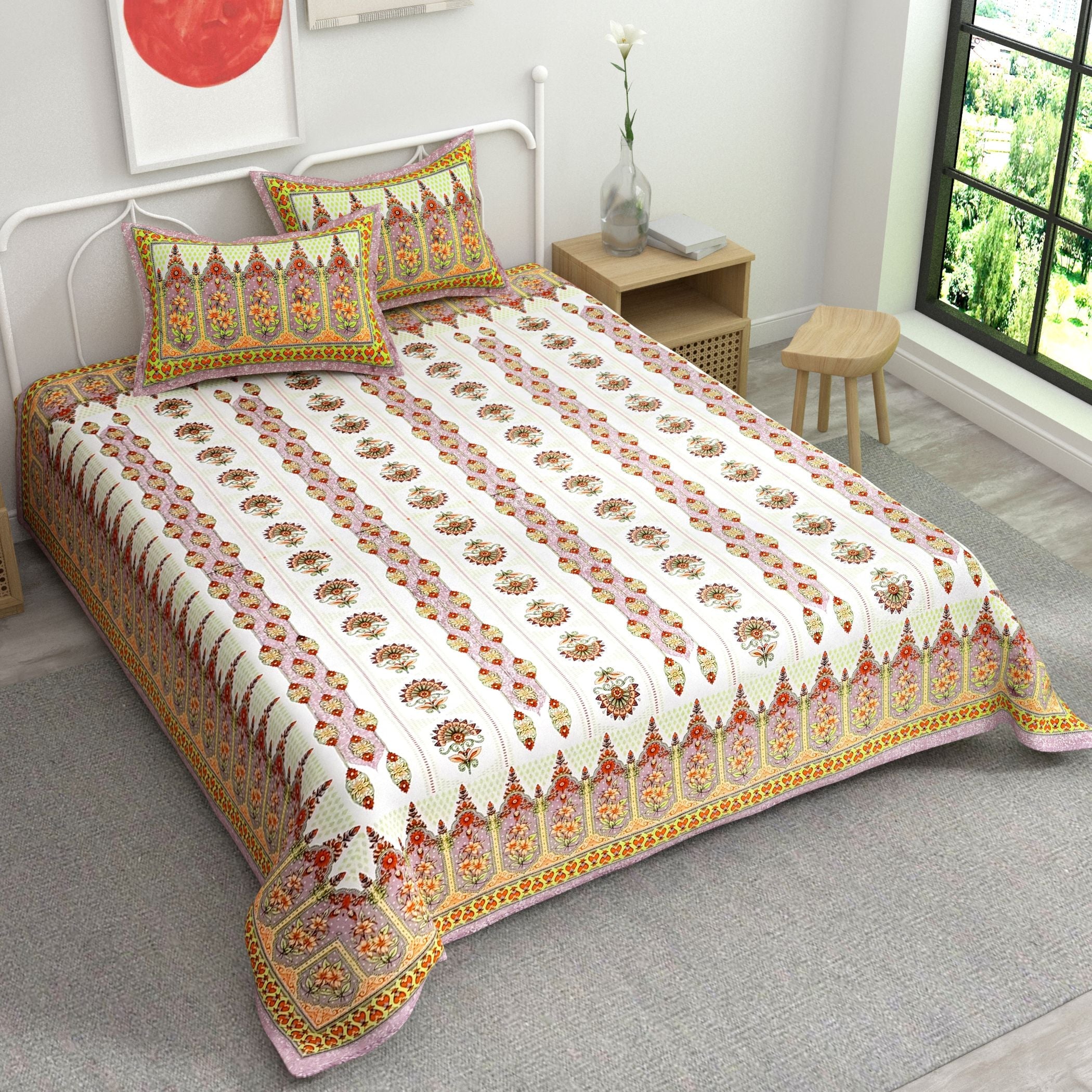 Yellow White Ethnic Motifs Cotton 220 TC King Bedsheet With 2 Zipper Pillow Covers - King Size by House of Ree