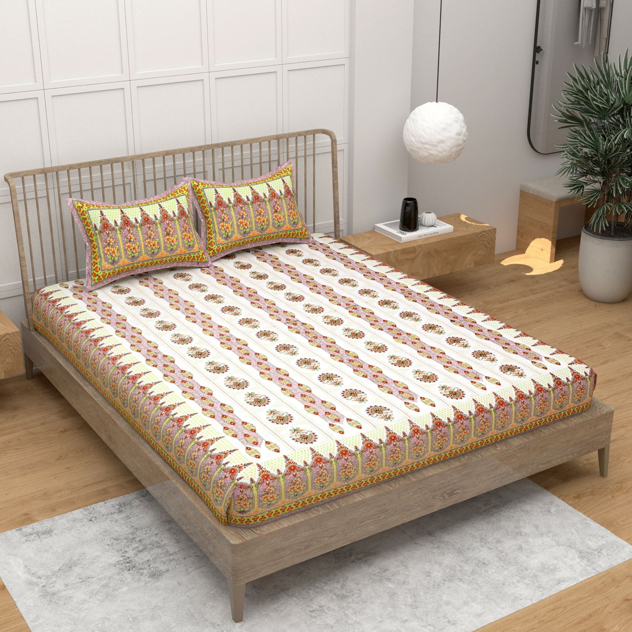 Yellow White Ethnic Motifs Cotton 220 TC King Bedsheet With 2 Zipper Pillow Covers - King Size by House of Ree