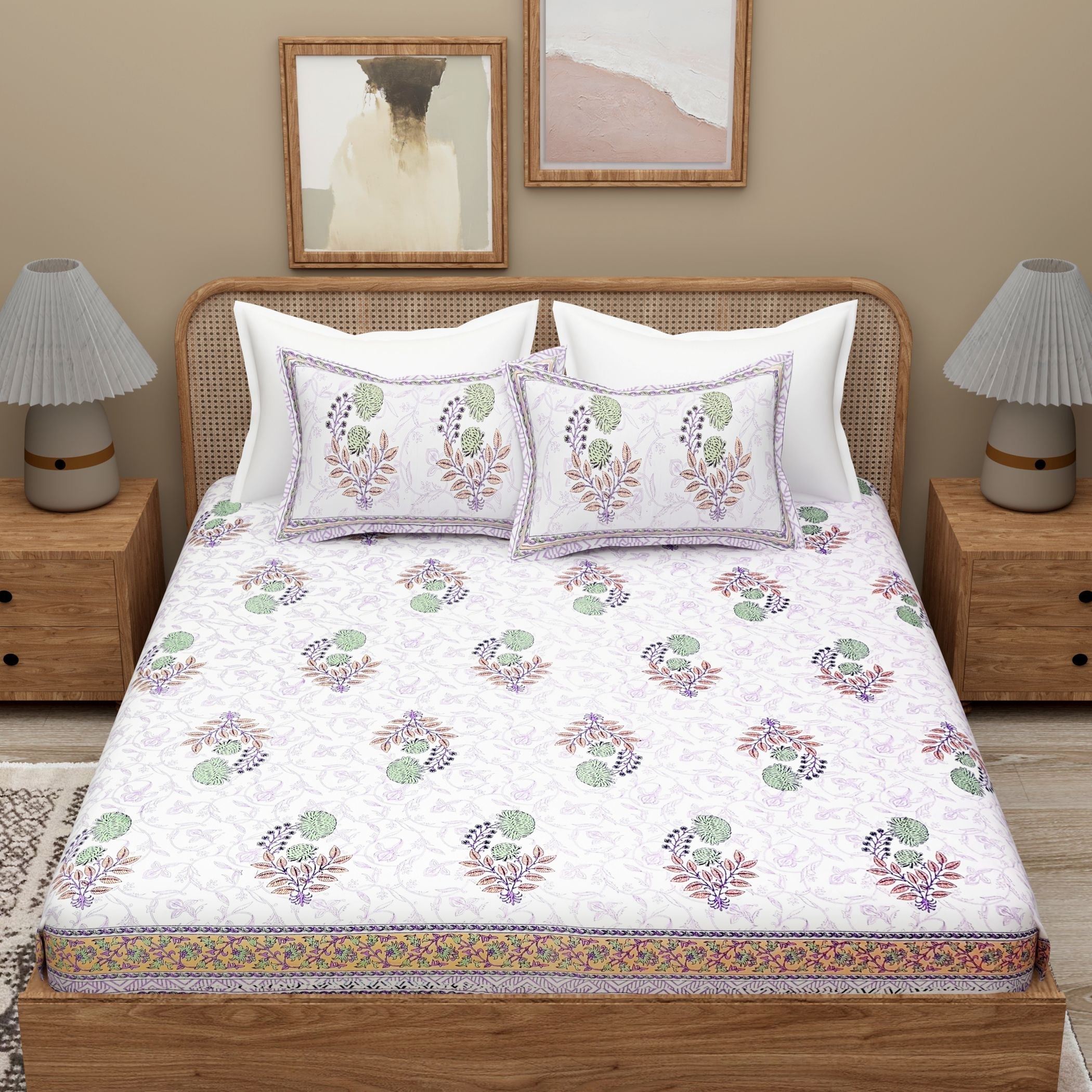 White Purple Ethnic Motifs Cotton 300TC King Bedsheet With 2 Zipper Pillow Covers - Super King Size by House of Ree