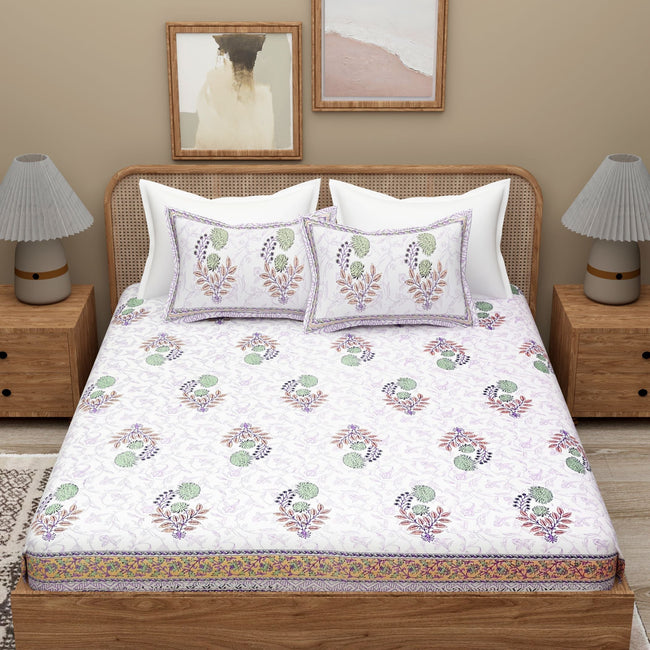 White Purple Ethnic Motifs Cotton 300TC King Bedsheet With 2 Zipper Pillow Covers - Super King Size by House of Ree Hover Image