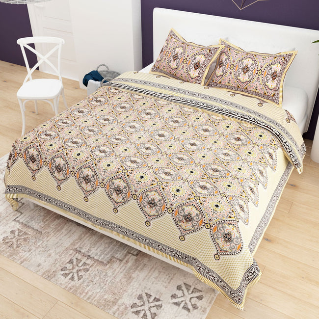 Red White Ethnic Motifs Cotton 200TC King Bedsheet With 2 Zipper Pillow Covers - King Size by House of Ree Main Image