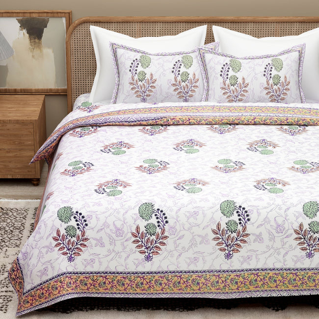 White Purple Ethnic Motifs Cotton 300TC King Bedsheet With 2 Zipper Pillow Covers - Super King Size by House of Ree Main Image