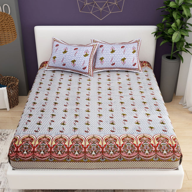 Yellow White Ethnic Motifs Cotton 200TC King Bedsheet With 2 Zipper Pillow Covers - King Size by House of Ree Hover Image