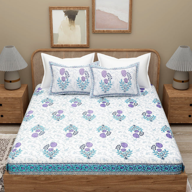 White Blue Ethnic Motifs Cotton 300TC King Bedsheet With 2 Zipper Pillow Covers - Super King Size by House of Ree Hover Image