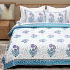 White Blue Ethnic Motifs Cotton 300TC King Bedsheet With 2 Zipper Pillow Covers - Super King Size by House of Ree