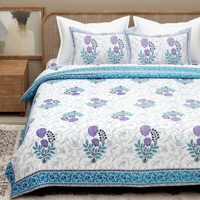 White Blue Ethnic Motifs Cotton 300TC King Bedsheet With 2 Zipper Pillow Covers - Super King Size by House of Ree Main Image