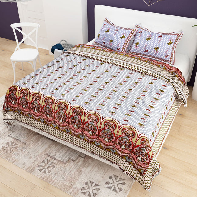 Yellow White Ethnic Motifs Cotton 200TC King Bedsheet With 2 Zipper Pillow Covers - King Size by House of Ree Main Image