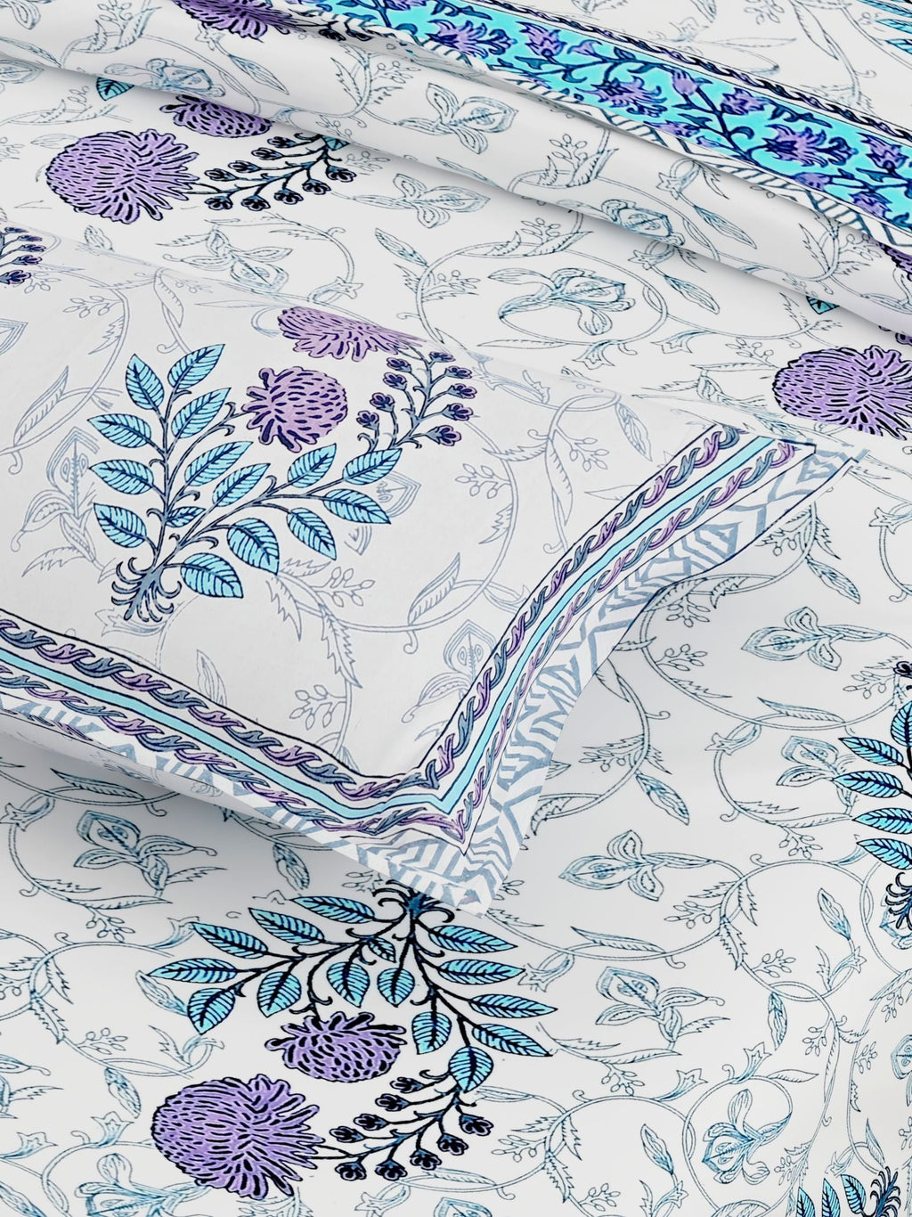 White Blue Ethnic Motifs Cotton 300TC King Bedsheet With 2 Zipper Pillow Covers - Super King Size by House of Ree