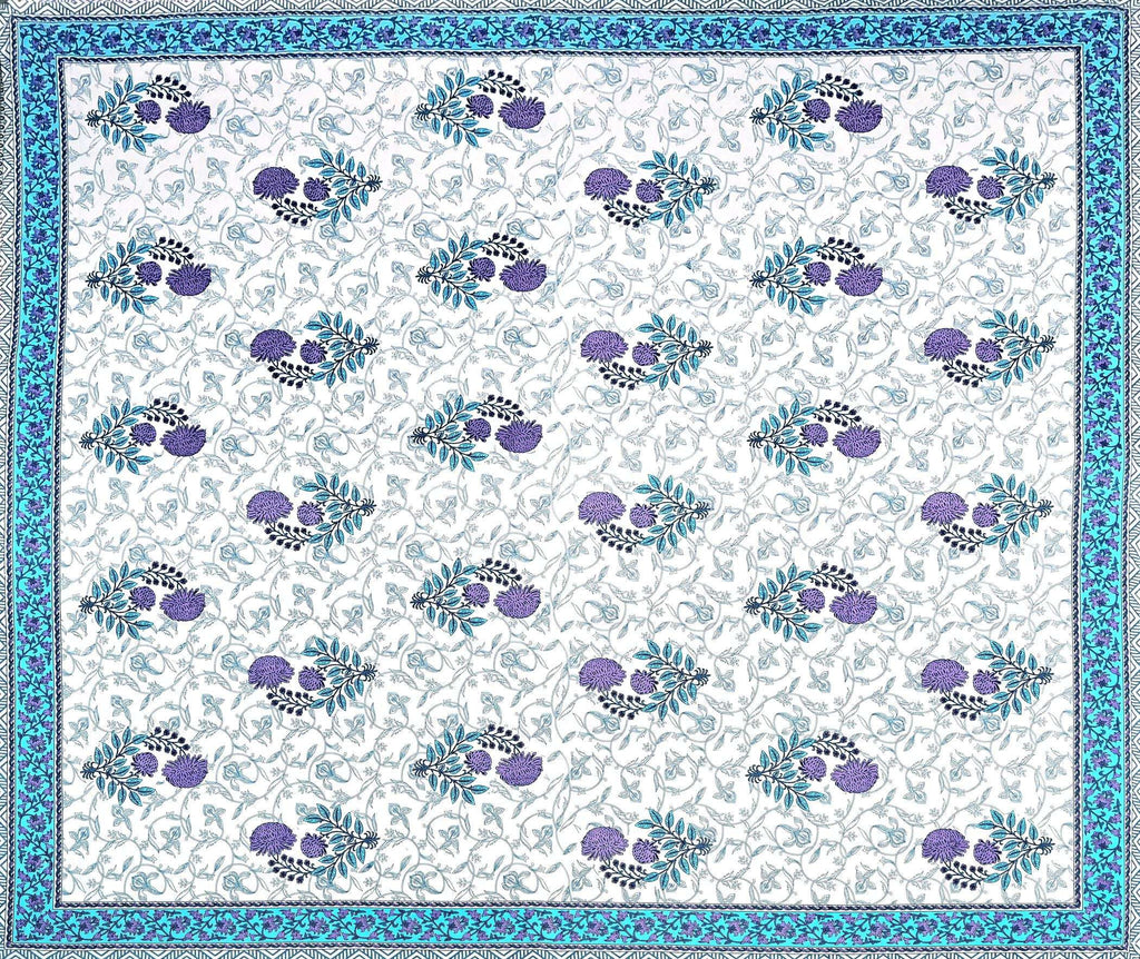 White Blue Ethnic Motifs Cotton 300TC King Bedsheet With 2 Zipper Pillow Covers - Super King Size by House of Ree