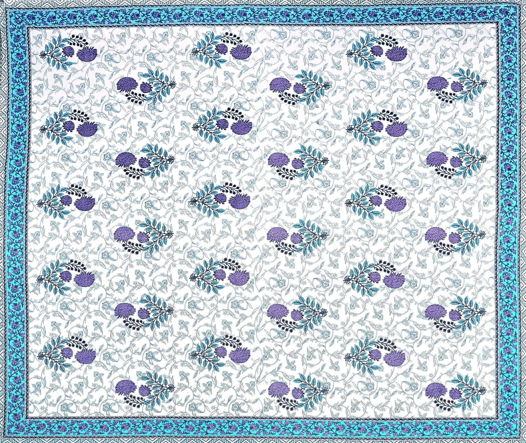 White Blue Ethnic Motifs Cotton 300TC King Bedsheet With 2 Zipper Pillow Covers - Super King Size by House of Ree