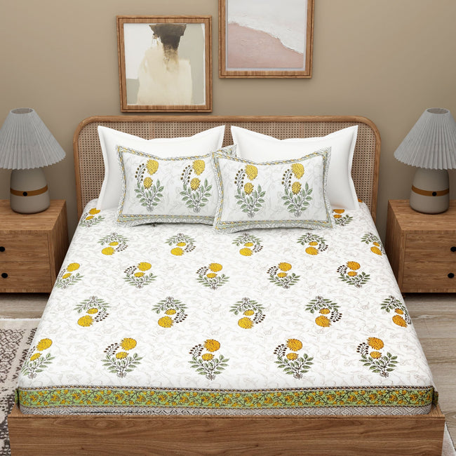 White Blue Ethnic Motifs Cotton 300TC Bedsheet With 2 Zipper Pillow Covers - Super King Size by House of Ree Hover Image