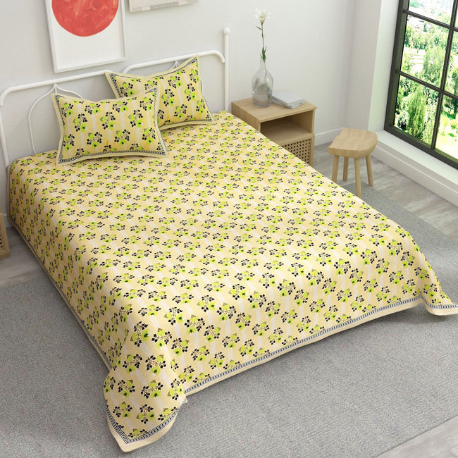 Yellow Ethnic Motifs Cotton 220 TC King Bedsheet With 2 Zipper Pillow Covers - King Size by House of Ree Main Image
