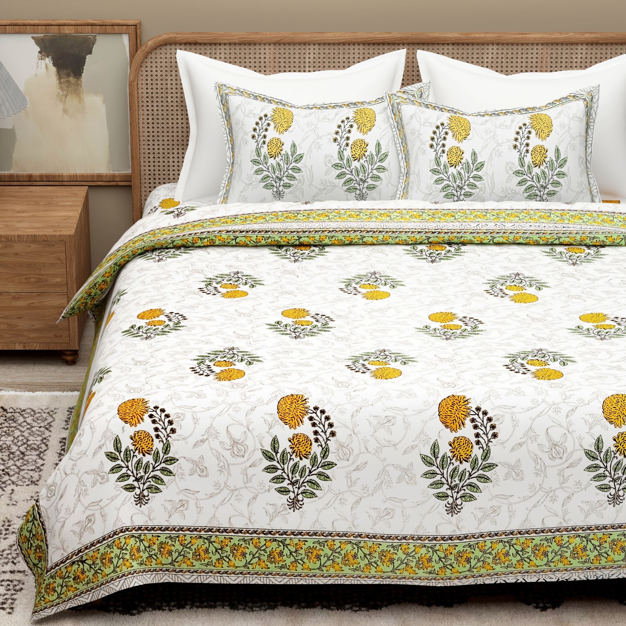 White Blue Ethnic Motifs Cotton 300TC Bedsheet With 2 Zipper Pillow Covers - Super King Size by House of Ree