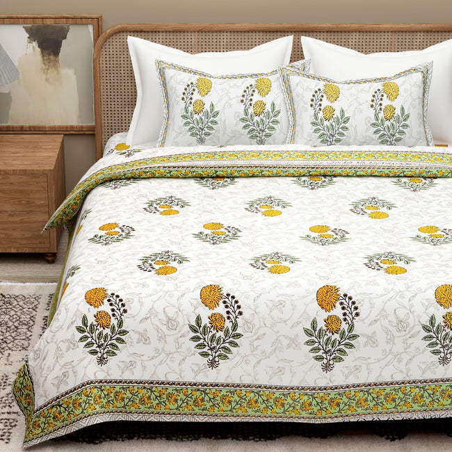 White Blue Ethnic Motifs Cotton 300TC Bedsheet With 2 Zipper Pillow Covers - Super King Size by House of Ree Main Image
