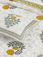 White Blue Ethnic Motifs Cotton 300TC Bedsheet With 2 Zipper Pillow Covers - Super King Size by House of Ree