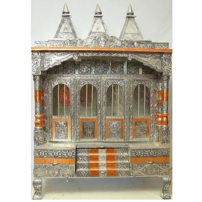 Silver Coated 4 Door with 3 Monument Towers Silver Pooja Mandir / Silver Pooja Mandiram Hover Image