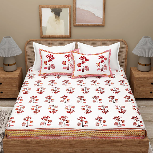 White Blue Ethnic Motifs Cotton Bedsheet With 2 Zipper Pillow Covers - Super King Size by House of Ree Hover Image