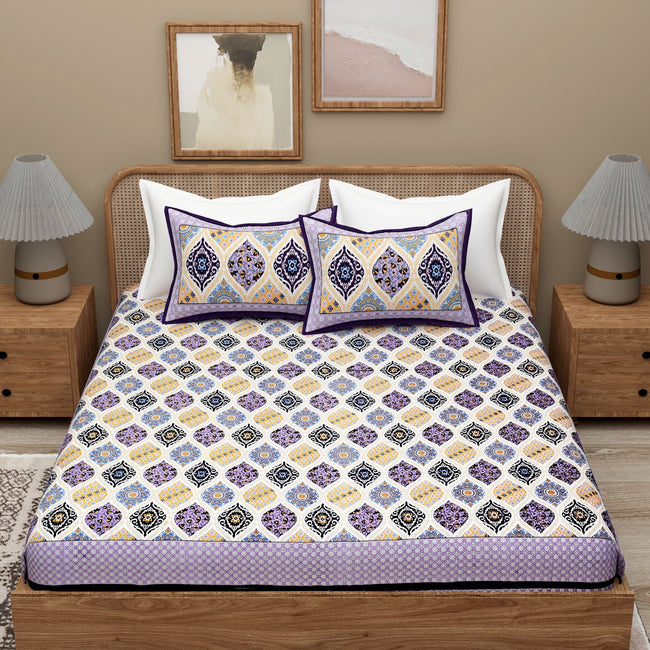 Purple White Ethnic Motifs Cotton 300 TC King Bedsheet With 2 Zipper Pillow Covers - Super King Size by House of Ree Hover Image