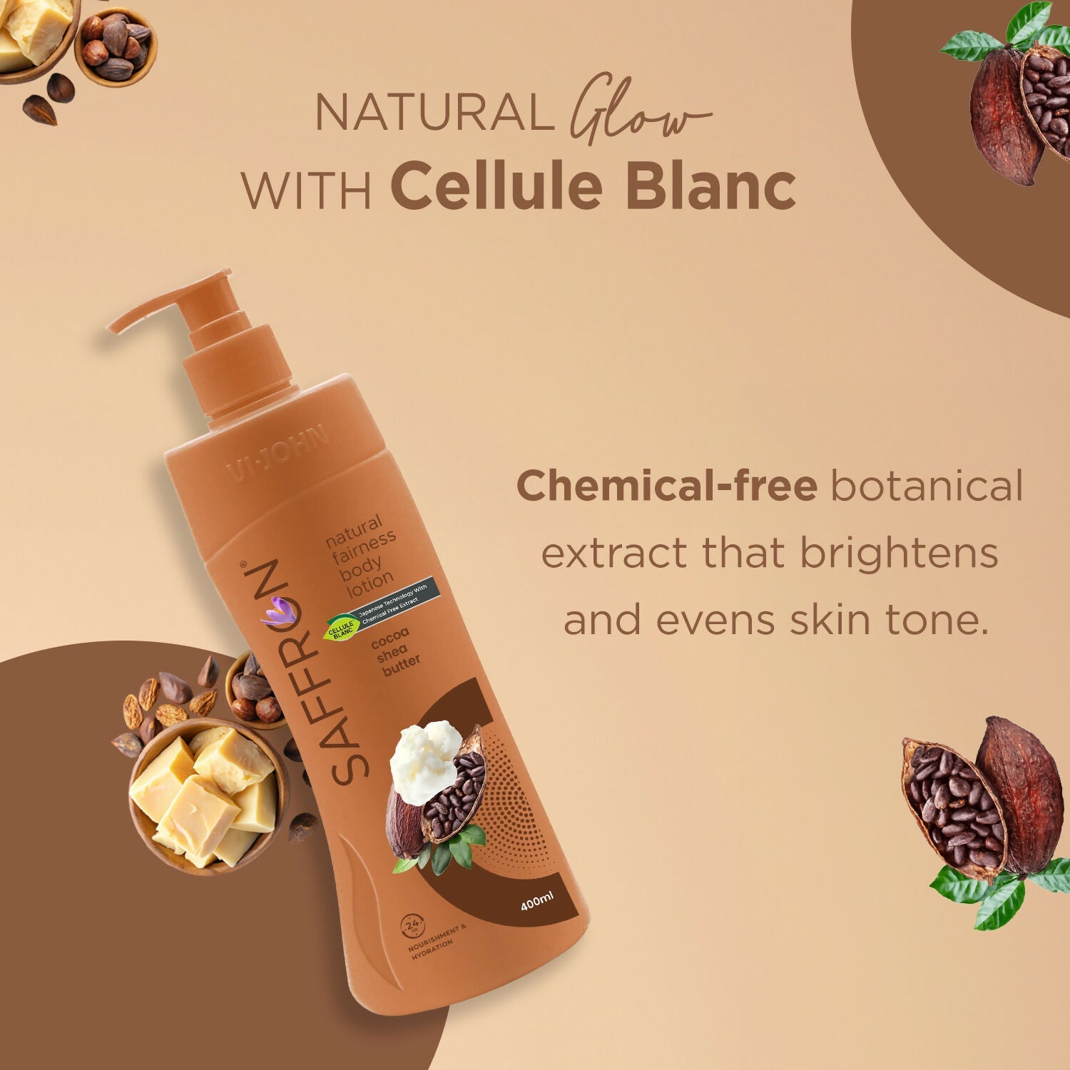 VI-JOHN Saffron Natural Fairness Body Lotion Cocoa Shea Butter Deep Nourishment Soft, Glowing Skin For All Skin Types