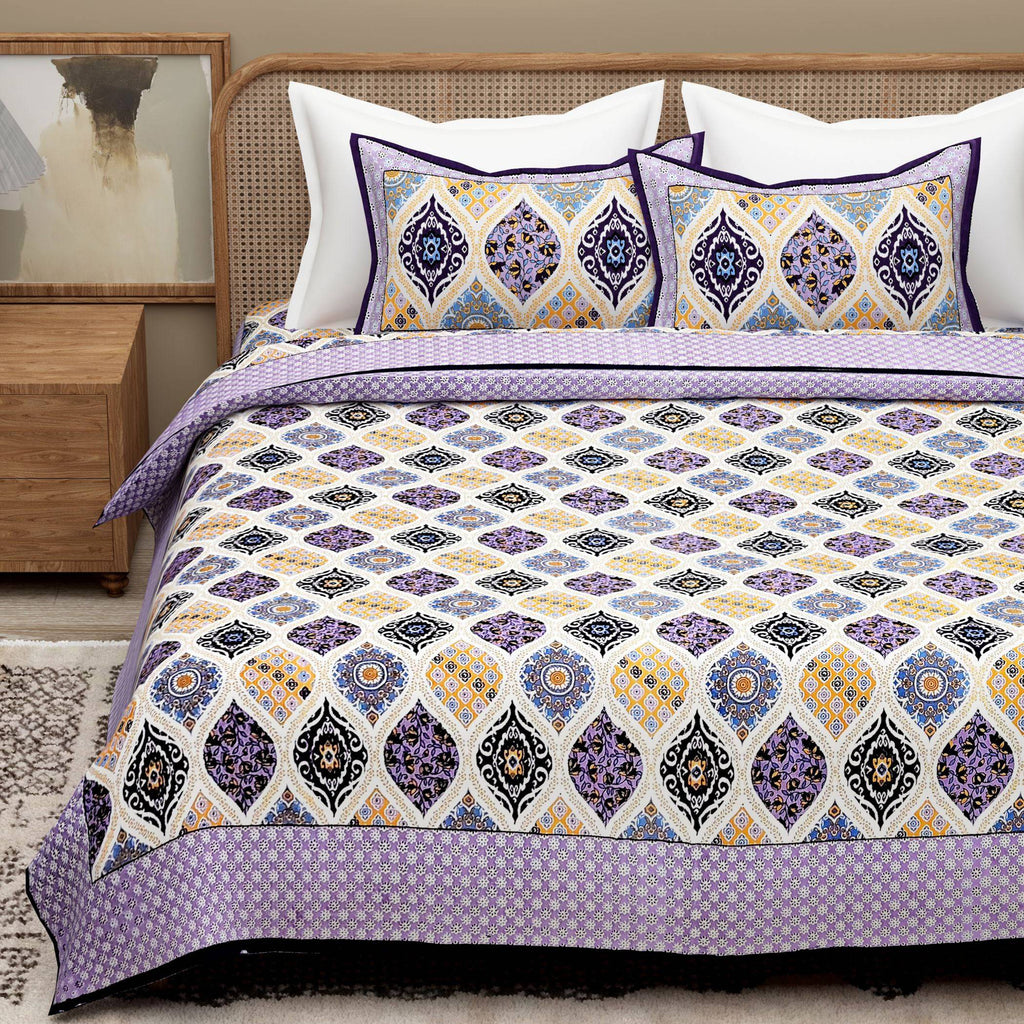 Purple White Ethnic Motifs Cotton 300 TC King Bedsheet With 2 Zipper Pillow Covers - Super King Size by House of Ree