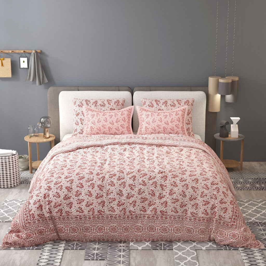 White Brown Ethnic Motifs Cotton 200TC King Bedsheet With 2 Zipper Pillow Covers - King Size by House of Ree