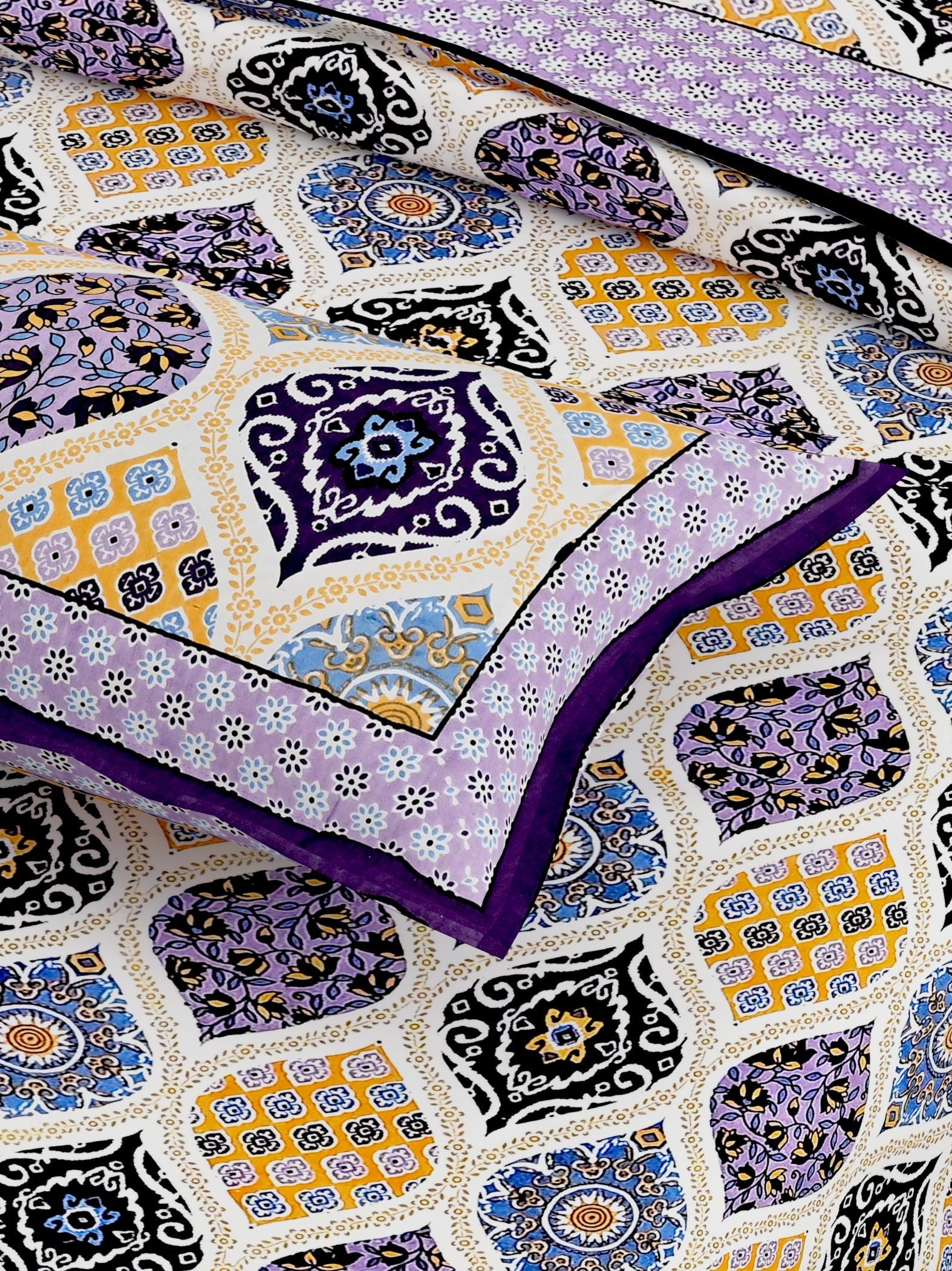 Purple White Ethnic Motifs Cotton 300 TC King Bedsheet With 2 Zipper Pillow Covers - Super King Size by House of Ree