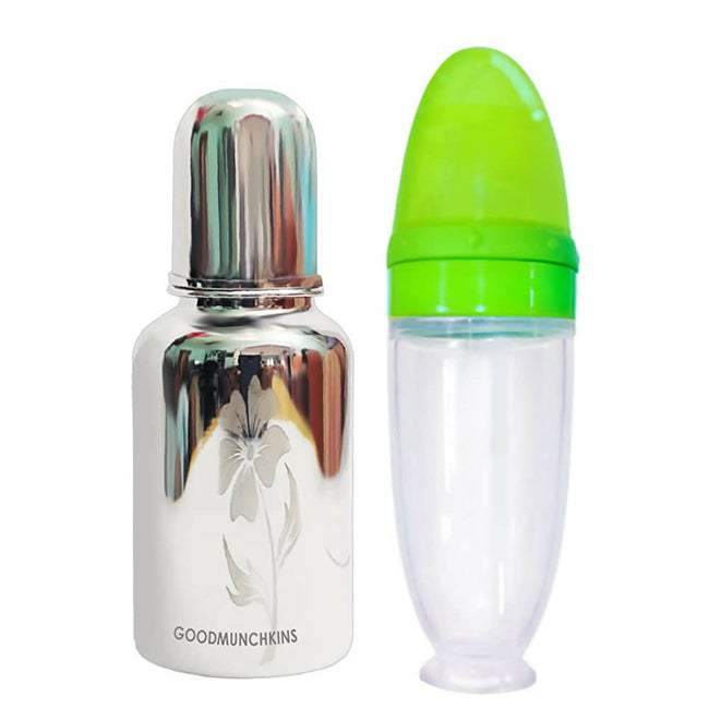 Goodmunchkins Stainless Steel Feeding Bottle With Spoon Food Feeder for Baby Anti Colic Silicon Nipple Feeder 300 ml Combo Pack-Green Main Image