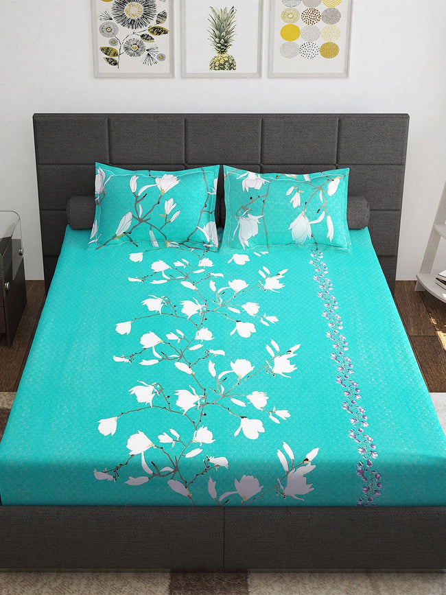 Story@home Sea Green & White Floral 152 TC Cotton 1 Queen Bedsheet with 2 Pillow Covers Main Image