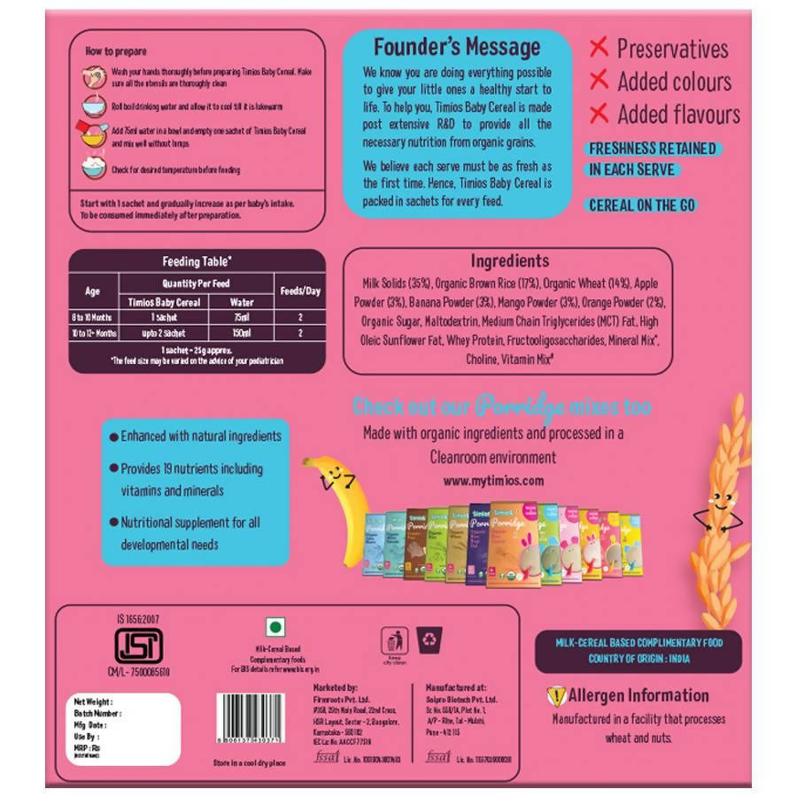 Timios Organic Rice Wheat Mixed Fruit Baby Cereal