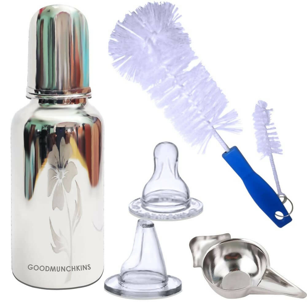 Goodmunchkins Stainless Steel Feeding Bottle with Bottle Cleaning Brush/Chakku/Anti Colic Silicone Nipple Combo-(220ml,Blue)