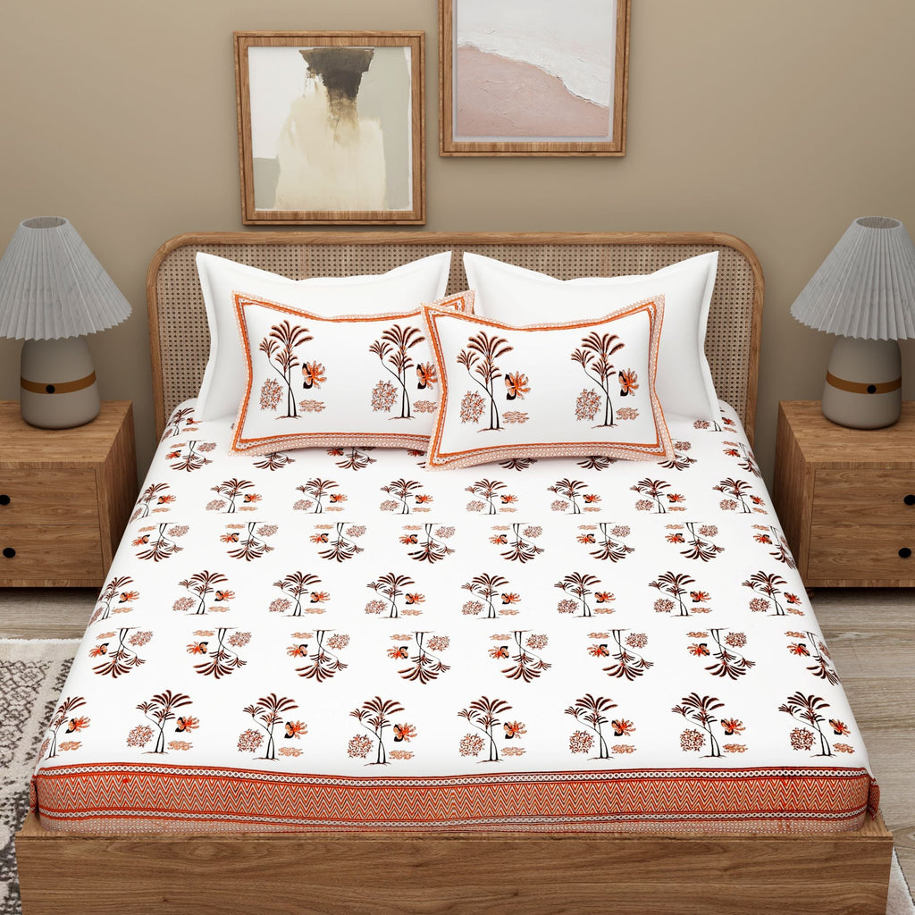 White Orange Ethnic Motifs Cotton 300TC King Bedsheet With 2 Zipper Pillow Covers - Super King Size by House of Ree