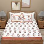 White Orange Ethnic Motifs Cotton 300TC King Bedsheet With 2 Zipper Pillow Covers - Super King Size by House of Ree