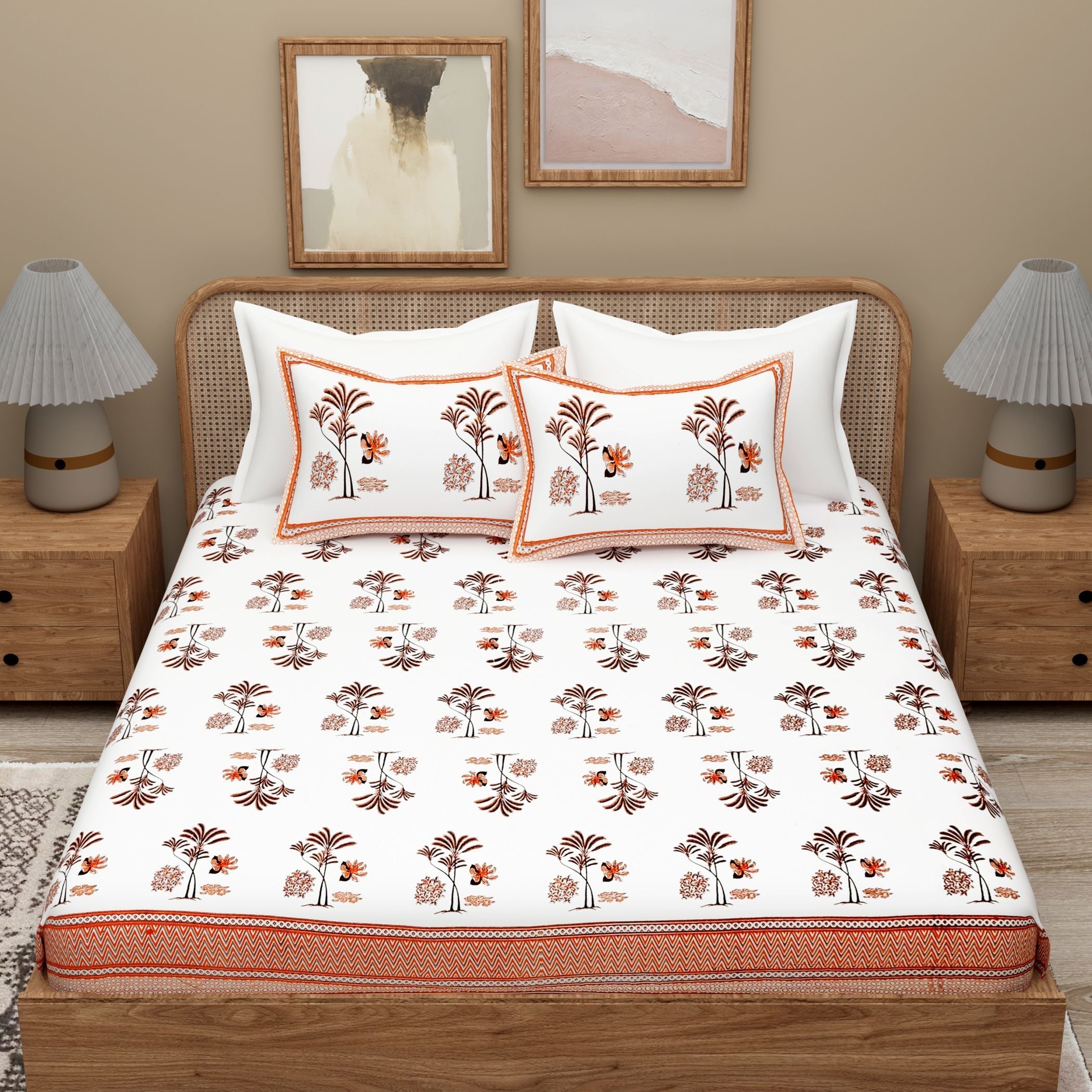White Orange Ethnic Motifs Cotton 300TC King Bedsheet With 2 Zipper Pillow Covers - Super King Size by House of Ree