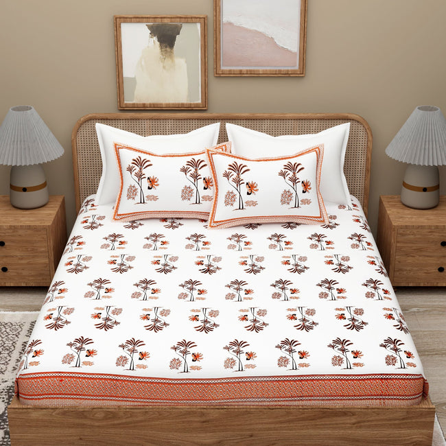 White Orange Ethnic Motifs Cotton 300TC King Bedsheet With 2 Zipper Pillow Covers - Super King Size by House of Ree Hover Image