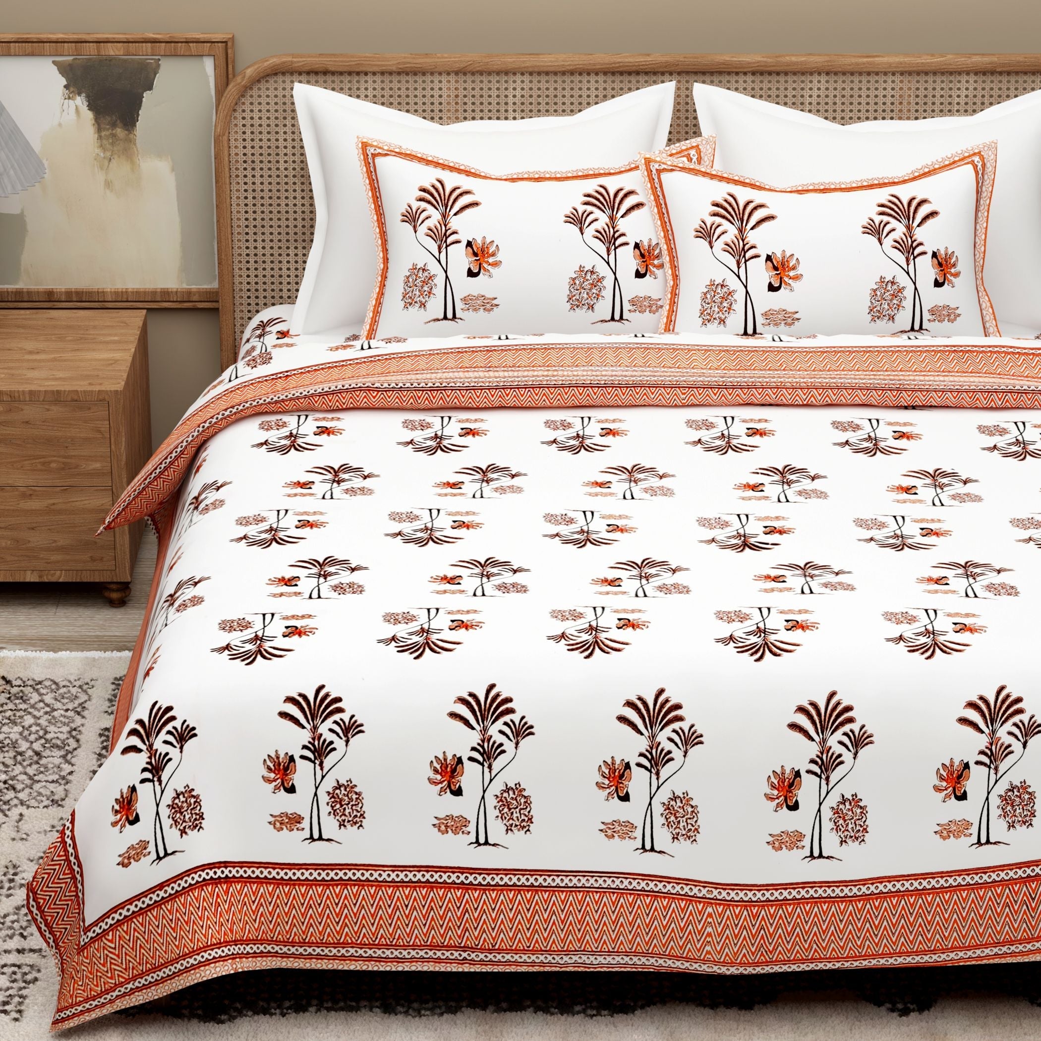 White Orange Ethnic Motifs Cotton 300TC King Bedsheet With 2 Zipper Pillow Covers - Super King Size by House of Ree