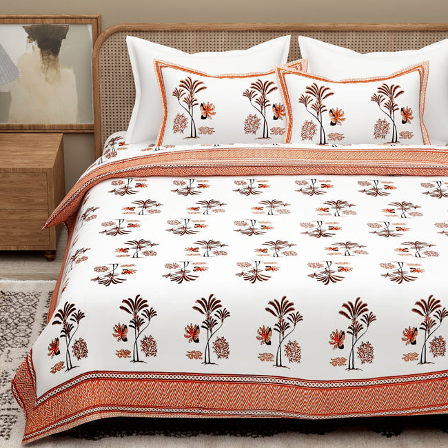 White Orange Ethnic Motifs Cotton 300TC King Bedsheet With 2 Zipper Pillow Covers - Super King Size by House of Ree Main Image