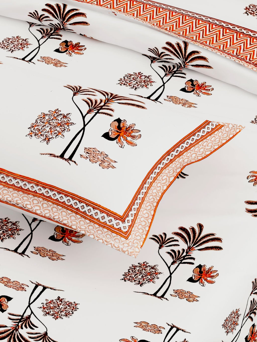 White Orange Ethnic Motifs Cotton 300TC King Bedsheet With 2 Zipper Pillow Covers - Super King Size by House of Ree