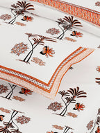 White Orange Ethnic Motifs Cotton 300TC King Bedsheet With 2 Zipper Pillow Covers - Super King Size by House of Ree