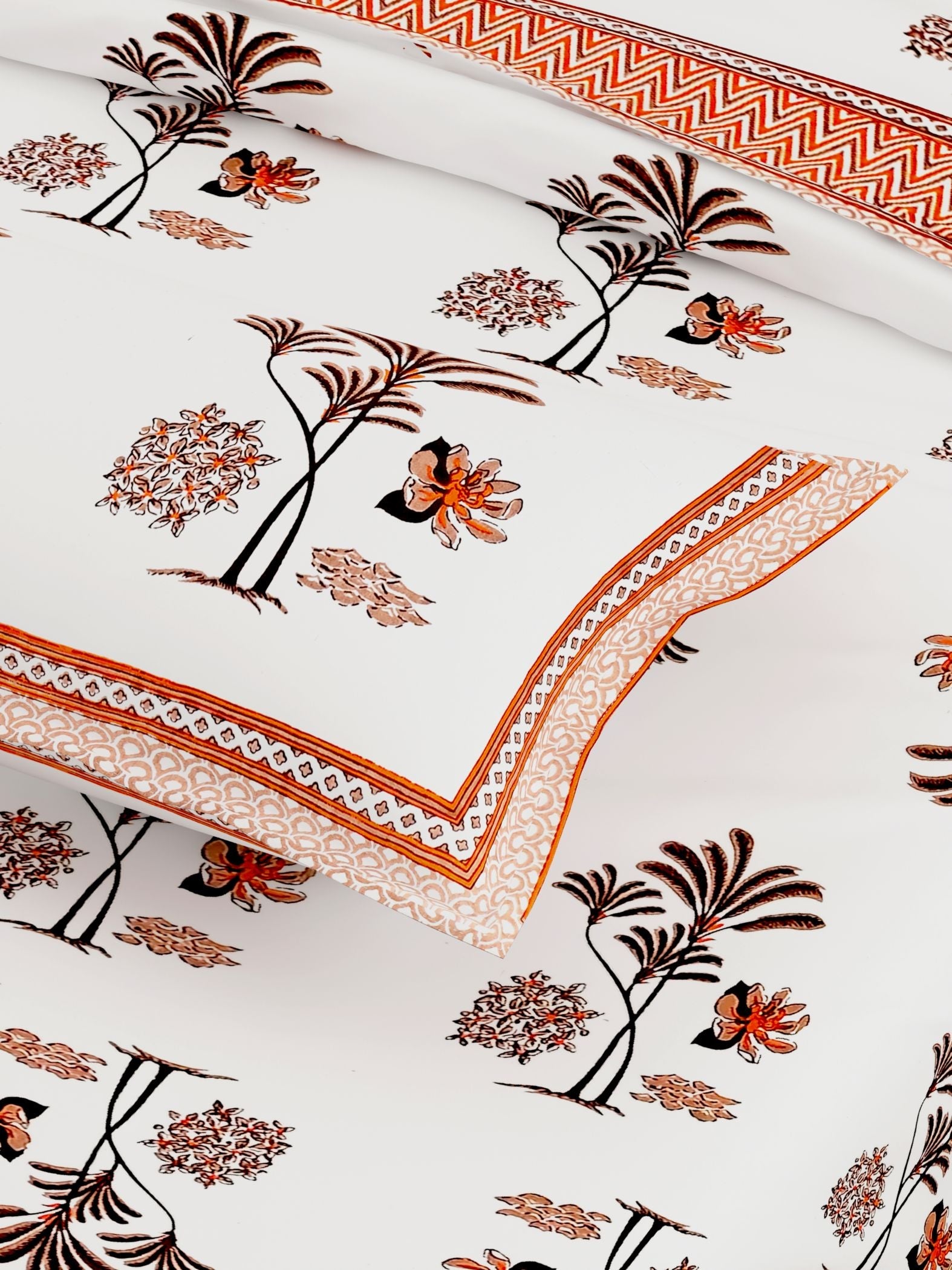 White Orange Ethnic Motifs Cotton 300TC King Bedsheet With 2 Zipper Pillow Covers - Super King Size by House of Ree