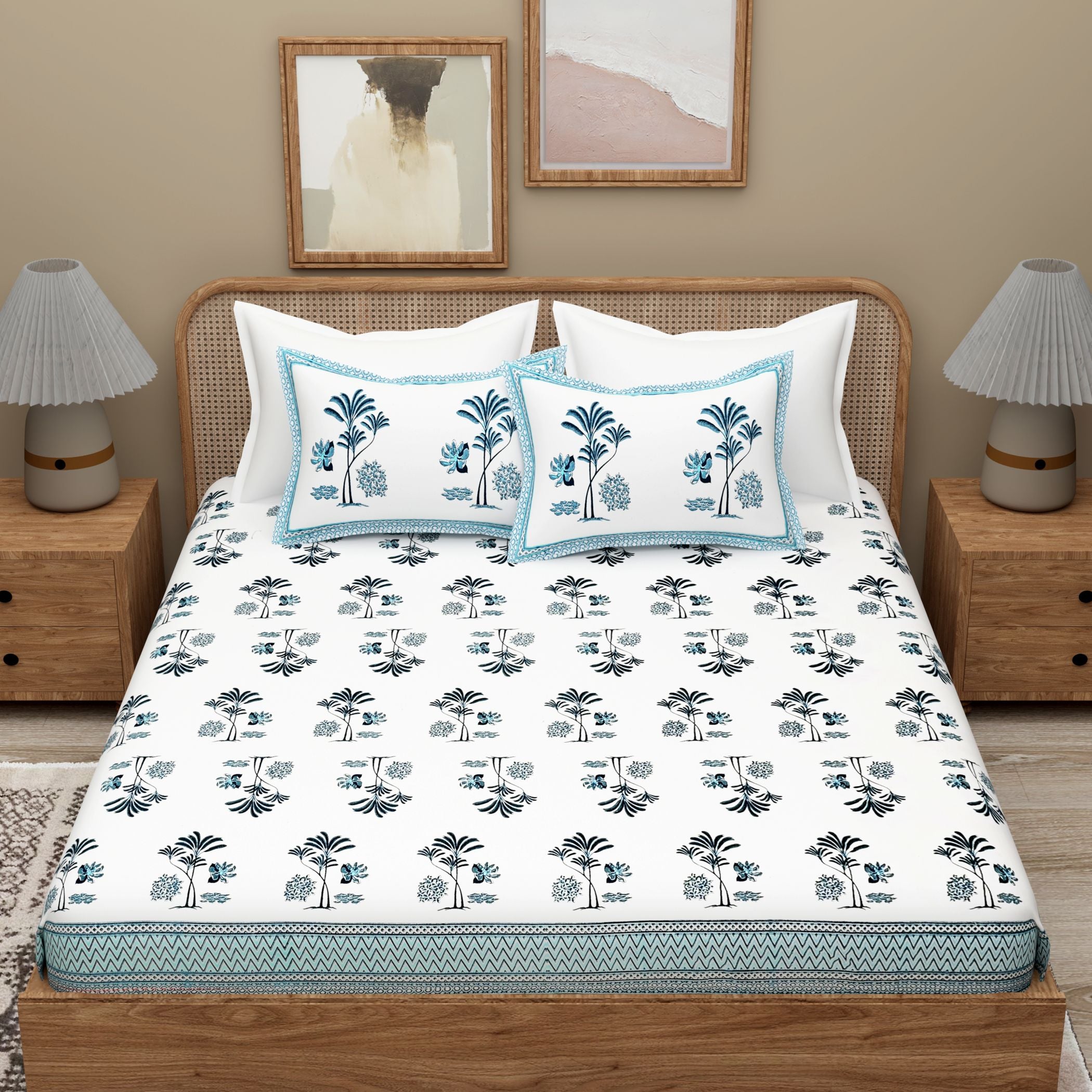 White Blue Ethnic Motifs Cotton 300TC King Bedsheet With 2 Zipper Pillow Covers - Super King Size by House of Ree